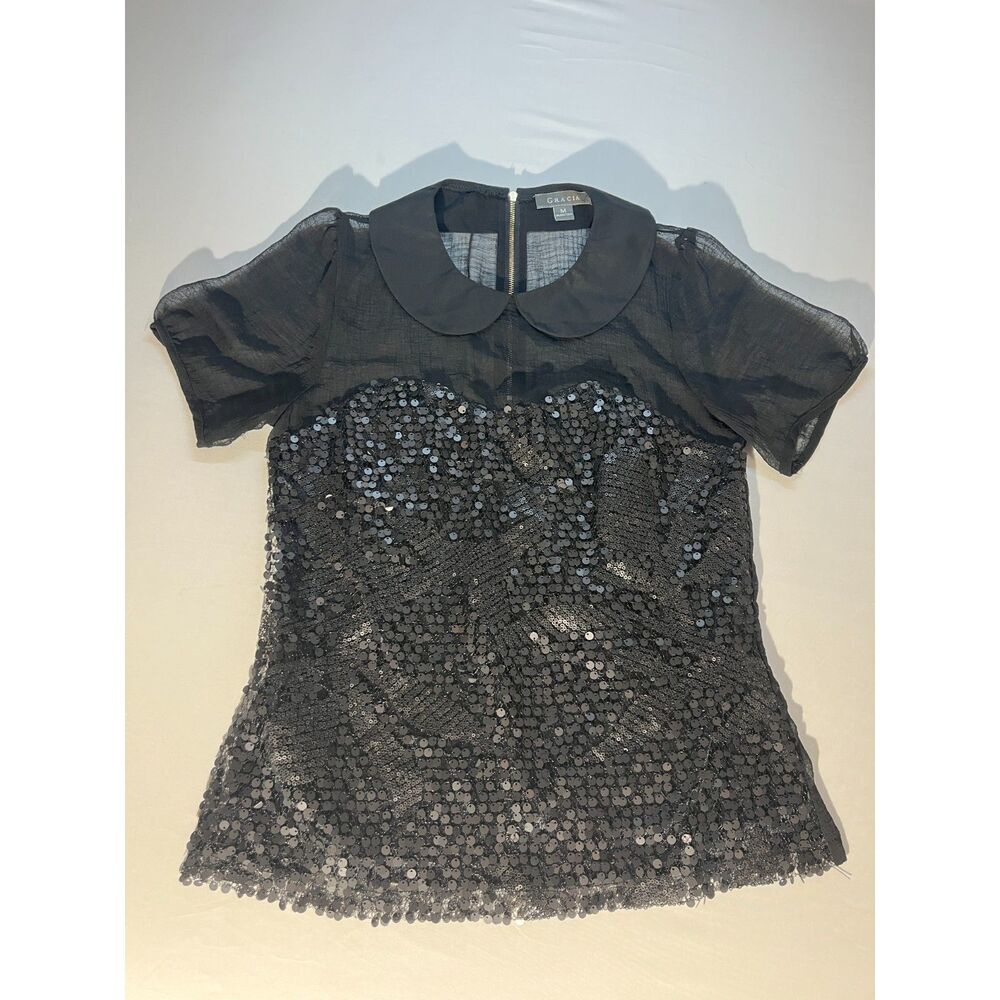 Gracia M Black Gothic Sequin Top Sheer Puff Sleeves Peter Pan Collar Whimsigoth